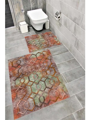 PremiumPort Suya Dayanıklı Dijital Baskılı Kaymaz Tabanlı Banyo Paspası Takımı