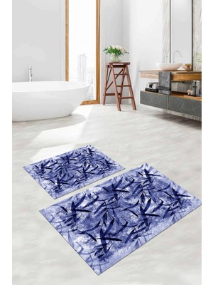 PremiumPort Yıkanabilir Kaymaz Tabanlı Yaprak Motifli Banyo Paspası ve Klozet Takımı