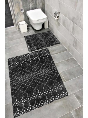 PremiumPort Suya Dayanıklı Dijital Baskılı Banyo Paspası Takımı, Kaymaz Tabanlı
