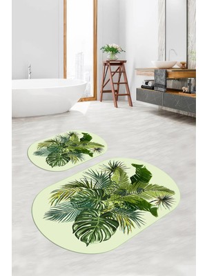 PremiumPort Yıkanabilir Çiçekli Oval Banyo Paspası 2'li Takım