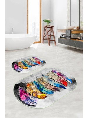 PremiumPort Yıkanabilir Çiçekli Oval Banyo Paspası Çift Takım, Dijital Kaymaz Taban