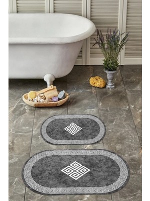 PremiumPort Dijital Yıkanabilir Oval Klasik Banyo Paspası ve Klozet Takımı Seti