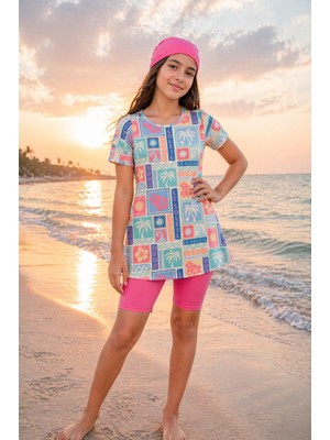 Bilge Trend Kız Çocuk Üst , Bone , Tayt 3 Parça Le Soleıl Kısa Kol Yarı Tesettür Deniz Havuz Mayo Takımı