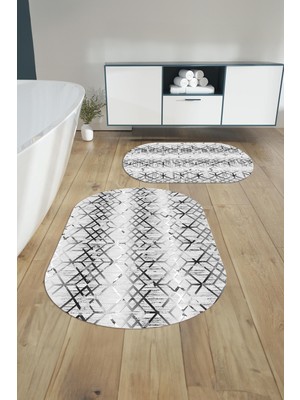 PremiumPort Yıkanabilir Kaymaz Taban Çizgi Desenli Oval Banyo Paspası Klozet Takımı