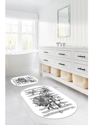 PremiumPort Yıkanabilir Gül Motifli Kaymaz Banyo Paspası ve Klozet Takımı