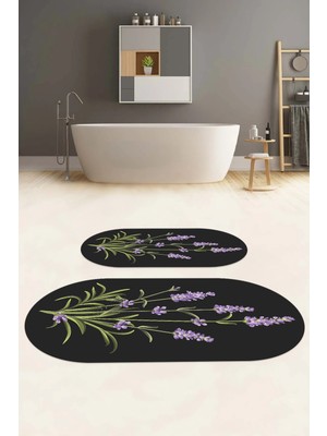 PremiumPort Yıkanabilir Çiçek Desenli Oval Banyo Paspası ve Klozet Takımı