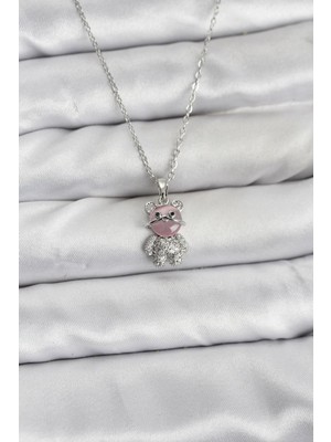Epilons 316L Çelik Zincir Gümüş Renk Teddy Bear Model Zirkon Taşlı Kadın Kolye - TJ-BKO10853