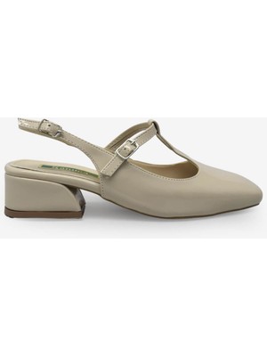 Kanuga Kadın Küt Burun Kısa Kalın Topuklu Ayakkabı Bej Rugan LPA851