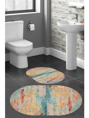 PremiumPort Modern Dijital Baskı Banyo Halısı Seti, 100X60+60X50 cm