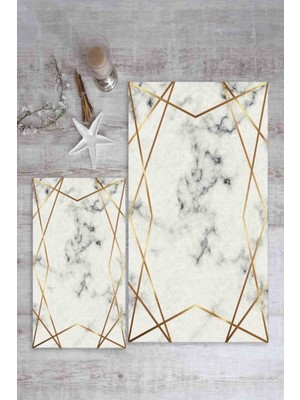 PremiumPort Mermer Desenli Dama Çizgili 2'li Banyo Halı Takımı, Şık ve Zarif Tasarım