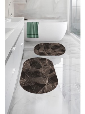 PremiumPort Dijital Baskılı Geometrik Desenli Oval Banyo Paspası ve Klozet Takımı