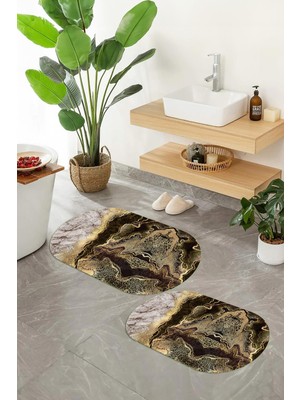 PremiumPort Yıkanabilir Mermer Desenli Oval Banyo Paspası 2'li Klozet Takımı