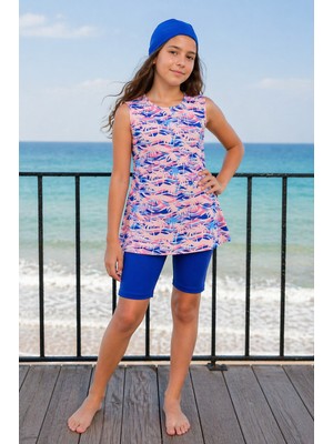 Bilge Trend Kız Çocuk Üst , Bone , Tayt 3 Parça Kolsuz Palmiye ve Dalga Desenli Yarı Tesettür Deniz Havuz Mayo Takımı