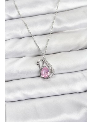 Epilons 316L Çelik Zincir Gümüş Renk Pembe Kuğu Model Zirkon Taşlı Kadın Kolye - TJ-BKO10866