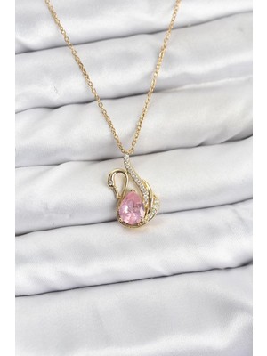 Epilons 316L Çelik Zincir Gold Renk Pembe Kuğu Model Zirkon Taşlı Kadın Kolye - TJ-BKO10867