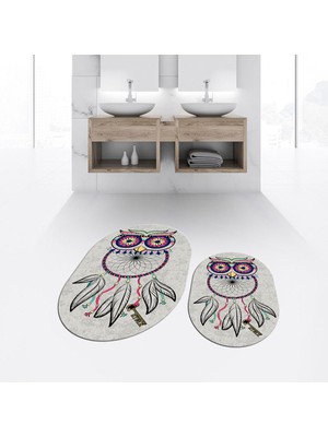 PremiumPort Dijital Baskılı Kaymaz Taban Yıkanabilir Oval Banyo Paspas Klozet Takımı