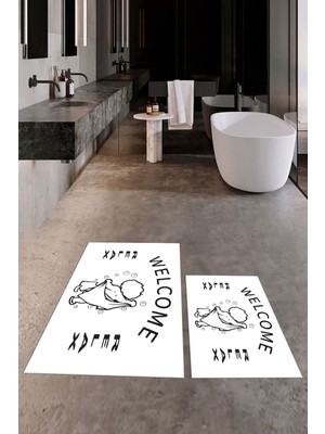 PremiumPort Modern Yıkanabilir Kaymaz Ikili Banyo Halısı ve Paspas Takımı