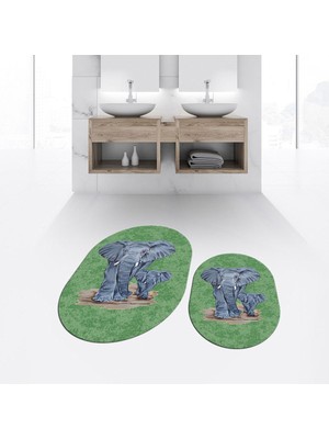 PremiumPort Dijital Baskılı Kaymaz Taban Oval Ikili Banyo Paspas Seti