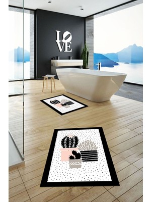 PremiumPort Yıkanabilir Kaktüs ve Çiçek Desenli Ikili Banyo Halısı Klozet Takımı