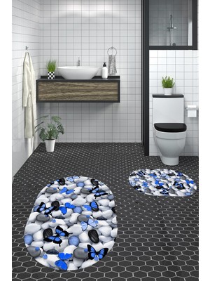 PremiumPort 3D Desenli Yıkanabilir Kaymaz Banyo Halısı Takımı, Oval Klozet Paspas