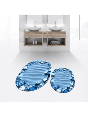 PremiumPort Dijital Baskılı Kaymaz Taban Yıkanabilir Oval Banyo Paspas Takımı