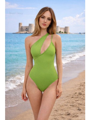 Burcumay Tek Omuz Asimetrik Kesim Yeşil Dekolteli Kadın Mayo