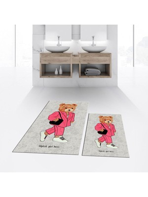 PremiumPort Yıkanabilir Dijital Baskılı Kaymaz Taban Ikili Banyo Paspas Takımı