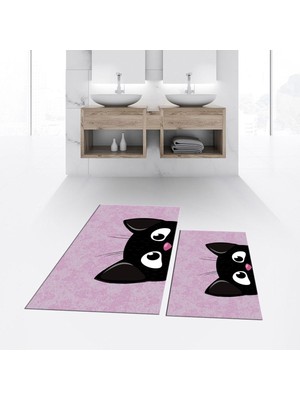 PremiumPort Dijital Baskılı Kaymaz Taban Yıkanabilir Ikili Banyo Paspası Seti