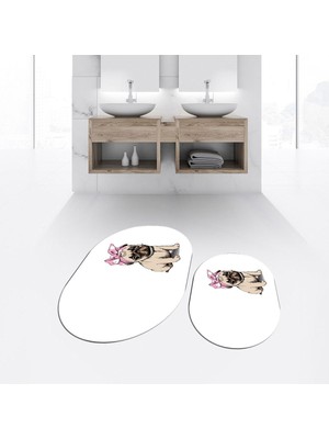 PremiumPort Dijital Baskılı Kaymaz Taban Yıkanabilir Oval Banyo Paspas Takımı