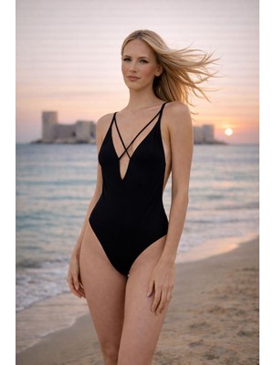 Burcumay Siyah Çapraz Askılı Dekolteli Tek Parça Mayo