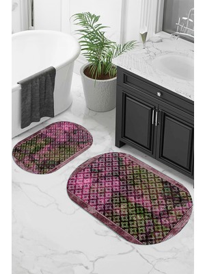 PremiumPort Yıkanabilir Dijital Baskılı Kaymaz Taban Oval Banyo Paspası 2'li Takım