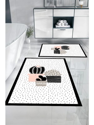 PremiumPort Modern Dijital Baskılı Yıkanabilir Kaktüs Tasarımlı Banyo Paspası Klozet Takımı