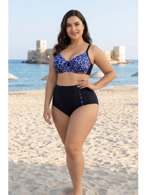 Burcumay Leoparlı Büyük Beden Yüksek Bel Toparlayıcı Bikini Takımı