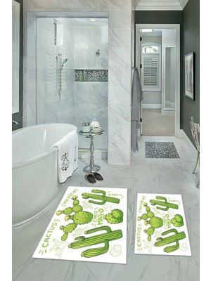 PremiumPort Dijital Baskılı Kaymaz Yıkanabilir Kaktüs Ikili Banyo ve Klozet Takımı