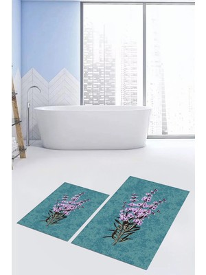 PremiumPort Yıkanabilir Çiçek Desenli Kaymaz Modern Banyo Halısı ve Klozet Takımı