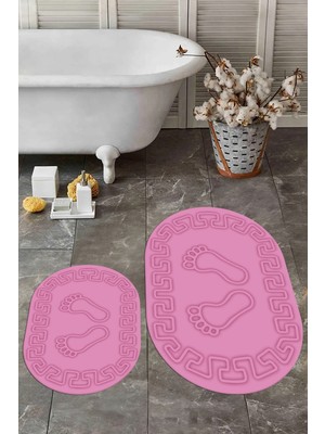 PremiumPort Dijital Yıkanabilir Kaymaz Çerçeveli Ayak Izi Desenli Banyo Halısı Takımı