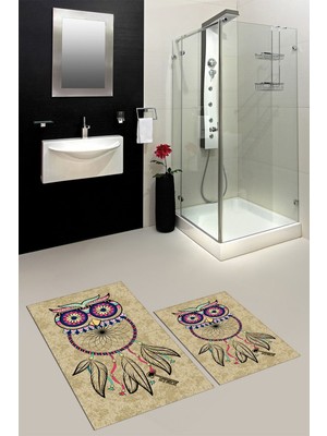 PremiumPort Yıkanabilir Kaymaz Baykuş Desenli Ikili Banyo Halısı ve Klozet Takımı