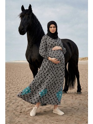 Park Moda Kadın Önden Düğmeli Nakışlı Cepli Siyah Hamile Tesettür Elbise