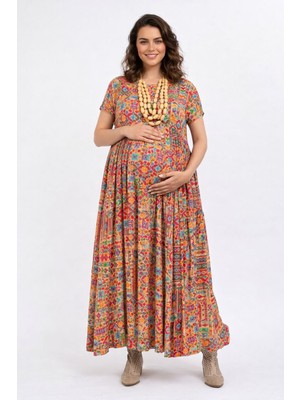 Park Moda Etnik Desenli Pamuklu Viskon Kısa Kollu Yazlık Çift Cepli Bohem Hamile Elbisesi