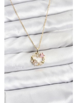 Epilons 316L Çelik Zincir Gold Renk Pembe Taş Detaylı Çelenk Model Kadın Kolye - TJ-BKO10903