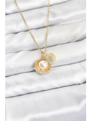 Epilons 316L Çelik Zincir Gold Renk İncili Deniz Kabuğu Model Zirkon Taşlı Kadın Kolye - TJ-BKO10911