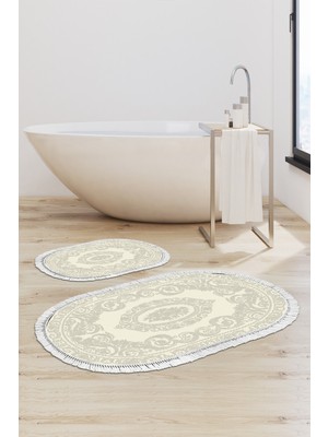 PremiumPort Yıkanabilir Kaymaz Taban Oval Banyo Paspası Krem 60X100 50X60