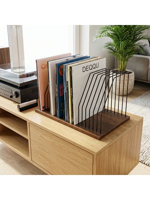 Base 50X32X26 cm Ahşap Tabanlı Metal Telli Dekoratif Plaklık Plak Düzenleyici Masaüstü Organizer
