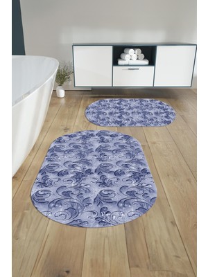 PremiumPort Yıkanabilir Kaymaz Taban Akrilik Desenli Oval Banyo Paspası Klozet Takımı