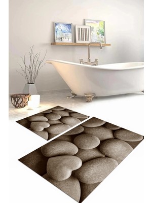 PremiumPort Dijital Baskılı Yıkanabilir Kaymaz Taban Taş Modeli Banyo Paspası Klozet Takımı