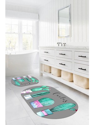 PremiumPort Dijital Baskılı Yıkanabilir Kaymaz Taban Kaktüs Model Oval Banyo Paspası
