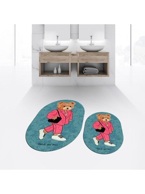 PremiumPort Dijital Baskılı Kaymaz Taban Oval Ikili Banyo Paspas Takımı Mavi