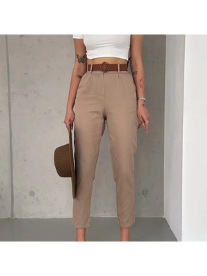 Boom Bester Kadın Keten Beli Lastikli Havuç Kesim Kemerli Pantolon