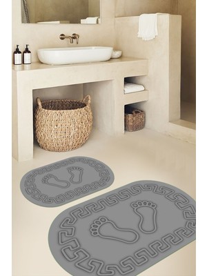 PremiumPort Yıkanabilir Oval Banyo Paspası 2'li Set, Kaymaz ve Ayak Izi Desenli