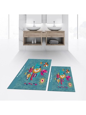 PremiumPort Yıkanabilir Dijital Baskılı Kaymaz Taban Banyo Paspası ve Klozet Takımı